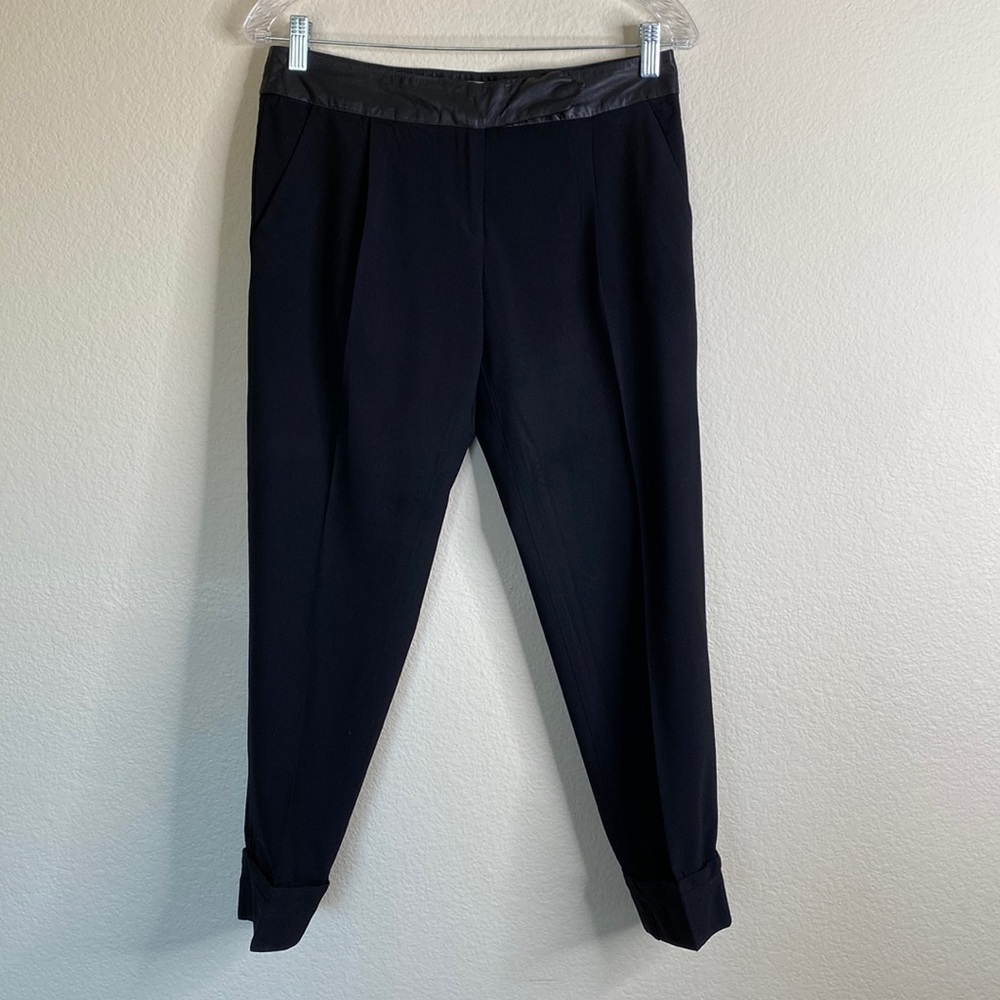 Milly slacks black 6 wool leather trim EUC